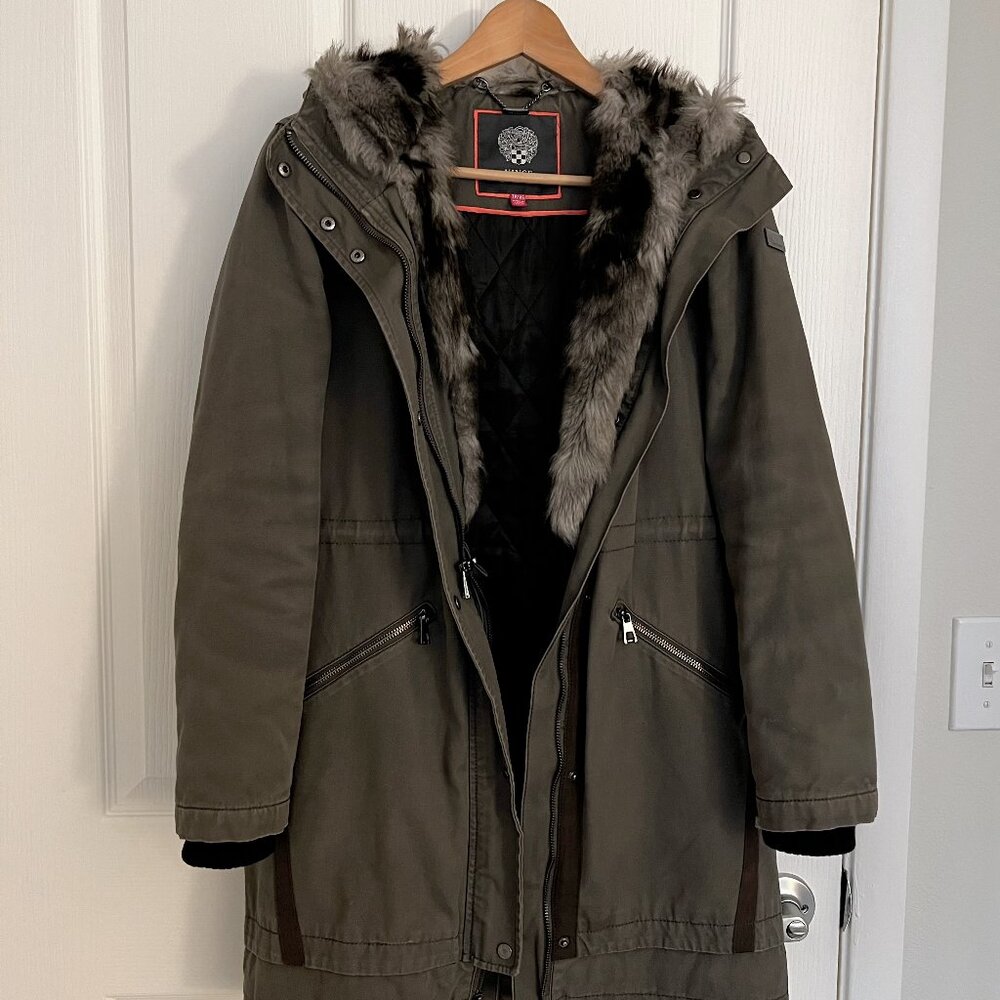 Vince Camuto Women’s Army Green Parka with Faux Fur Hood – Size XS